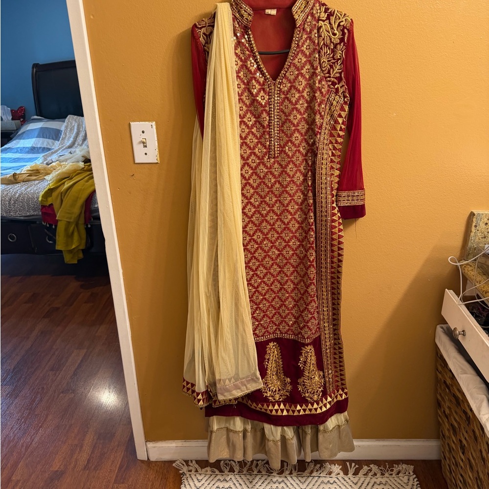Indian / Pakistani Women’s Embroidered Red & Cream Traditional Dress